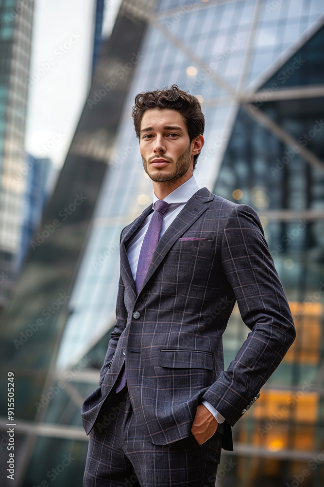Elegant man in a modern tailored suit with a stylish tie, posing confidently against a backdrop of modern architecture, highlighting business fashion. Elegant man in a modern tailored suit with a stylish tie, posing confidently against a backdrop of modern architecture, highlighting business fashion.