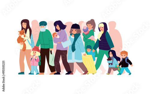 A large crowd of people migrates with their belongings and animals due to a disaster or war