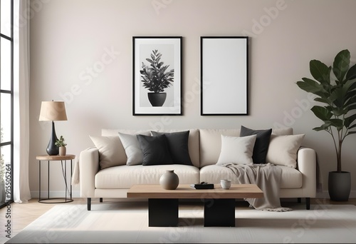 A modern living room with a beige sofa, a black and white blank frame on the walls, and a wooden coffee table with decorative objects