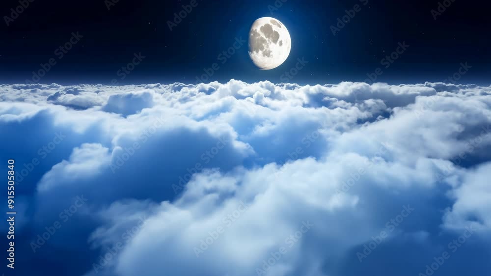 Full moon shining over clouds in a night sky. Aerial view video of moonlit sky. Nighttime and celestial concept. Full moon shining over clouds in a night sky. Aerial view video of moonlit sky. Nighttime and celestial concept.
