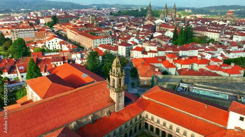 Spanish town of Santiago de Compostela aerial panoramic view with cathedral of Santiago de Compostela, pilgrimage Camino de Santiago, travel in Spain. 