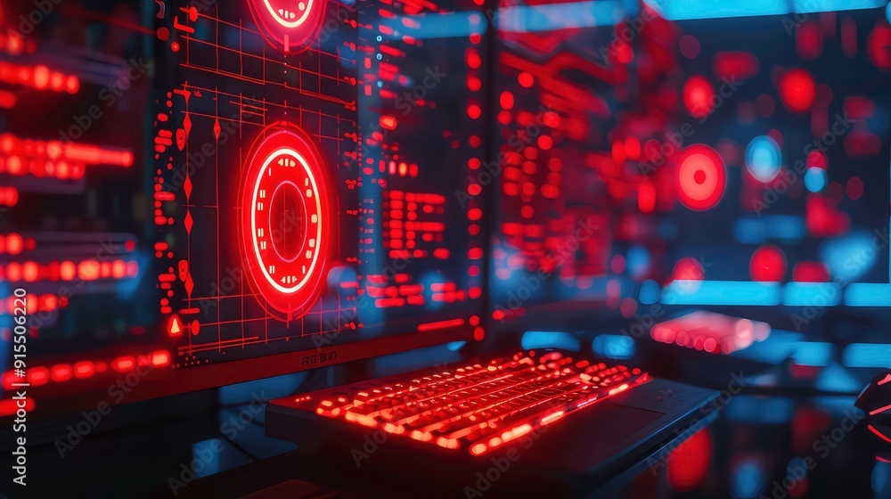 A red-lit computer monitor, keyboard, and mouse in a dimly lit room. The screen displays a digital interface with glowing red circles. A red-lit computer monitor, keyboard, and mouse in a dimly lit room. The screen displays a digital interface with glowing red circles.