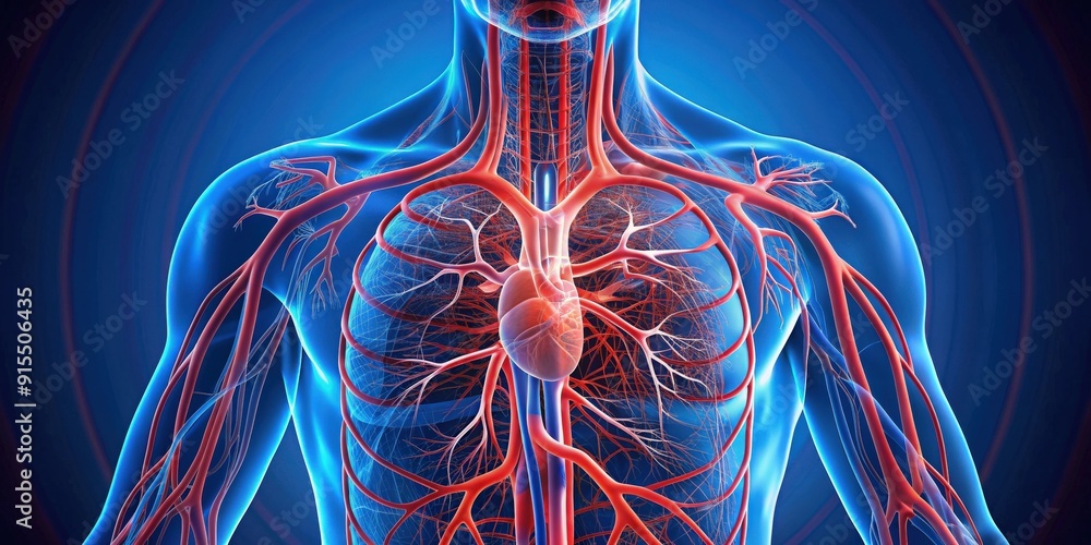 Detailed of human cardiovascular system with heart, arteries, veins, and capillaries, anatomy, biology, medical, health Detailed of human cardiovascular system with heart, arteries, veins, and capillaries, anatomy, biology, medical, health