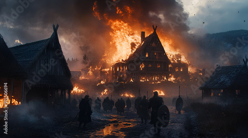 Vikings attack village, burn houses, people flee, horror transmitted a cover for a film, very epic, cinematographic
