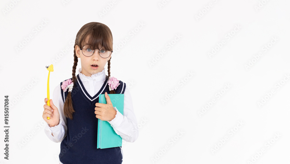 I know the answer. Beautiful smiling and happy student girl with notepad and pen in hands isolated on white background I know the answer. Beautiful smiling and happy student girl with notepad and pen in hands isolated on white background