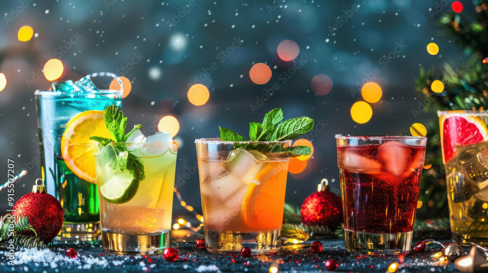 Beautiful row line of different colored alcohol cocktails with mint on a christmas party Beautiful row line of different colored alcohol cocktails with mint on a christmas party