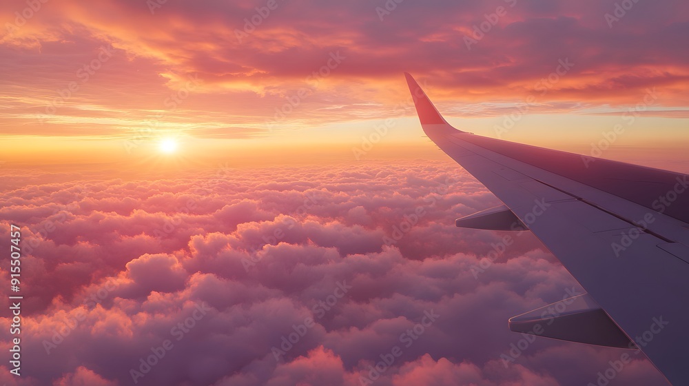 Fototapeta premium Airplane wing above clouds, golden hour sunset, panoramic view, sea of clouds, vibrant orange and pink sky, aerial photography, high altitude perspective.