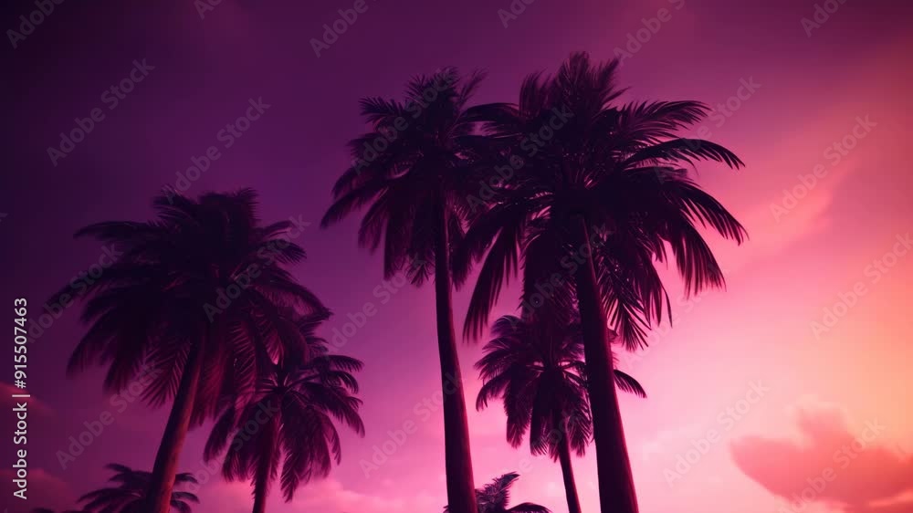 Shadowed palm trees sway in the wind on a background of purple twilight sky. Bottom up view. Shadowed palm trees sway in the wind on a background of purple twilight sky. Bottom up view.