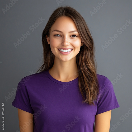 smiling young woman or teenage girl in blank purple  t shirt