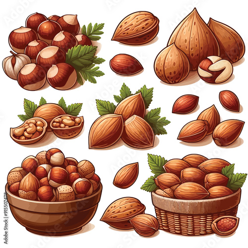 Set of hazelnut walnut almonds vector illustration 