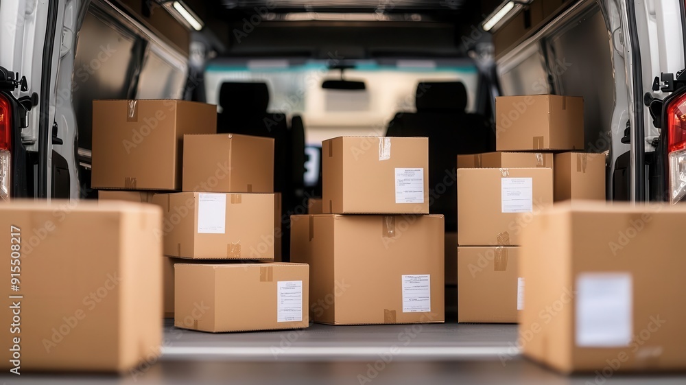 Cardboard moving boxes arranged in the back of a van, each clearly labeled, ready for transport, efficient loading process Cardboard moving boxes arranged in the back of a van, each clearly labeled, ready for transport, efficient loading process