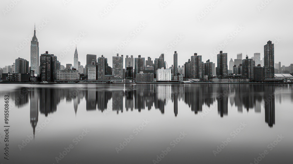 Obraz premium Skyline reflection in calm water.