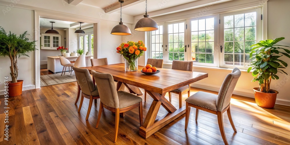Fototapeta premium Elegant dining area features a rustic wood table and chairs on warm wood flooring, surrounded by crisp white walls and accented with a vibrant orange vase.