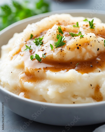 Mashed potatoes topped with gravy and fresh parsley | Close-up of creamy potato dish with rich sauce | Comfort food served in white bowl | High-quality stock image for culinary blogs