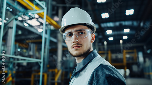 portrait of male engineer wearing safety uniform and helmet, engineering warehouse factory