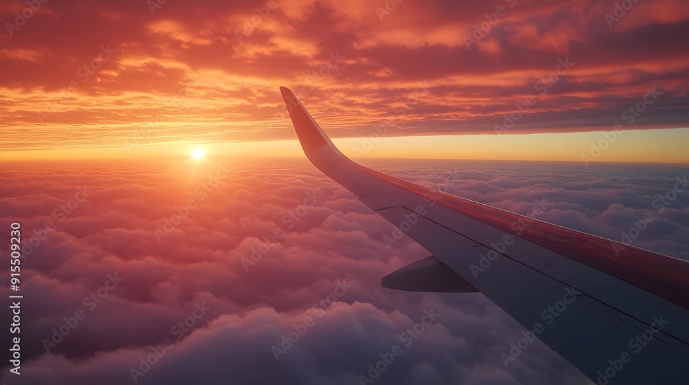 Obraz premium Airplane wing above clouds, golden hour sunset, panoramic view, sea of clouds, vibrant orange and pink sky, aerial photography, high altitude perspective.
