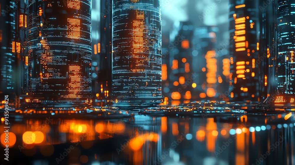 Futuristic cityscape with glowing skyscrapers, reflecting lights on water, showcasing vibrant urban architecture at night.