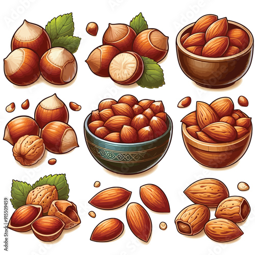 Set of hazelnut walnut almonds vector illustration 