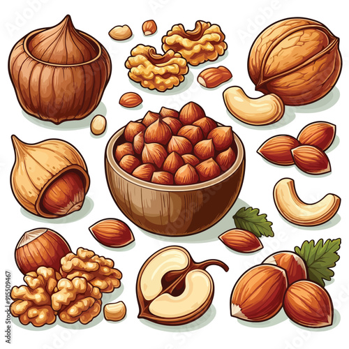 Set of hazelnut walnut almonds vector illustration 