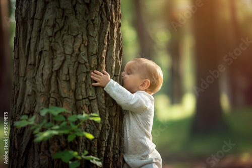a baby hugs the trunk of a large tree. connection between the child and nature.essential link between humans and nature