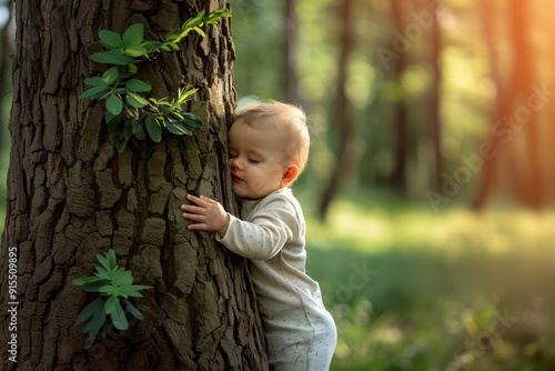 a baby gently embraces the trunk of an old tree in a sunlit forest.Symbiosis: a mutually beneficial relationship between humans and nature. coexist in harmony.