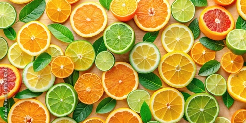 Citrus pattern background with vibrant oranges, lemons, and limes, citrus, fruits, yellow, green, fresh, tropical, bright