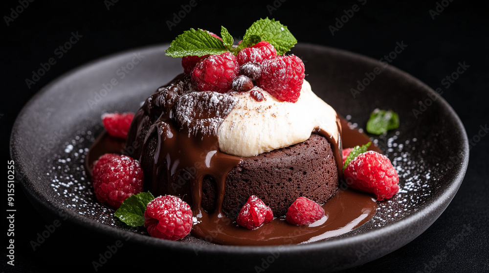 Decadent chocolate lava cake with whipped cream, raspberries, and mint | Gourmet dessert with rich chocolate sauce | High-quality food photography for dessert blogs or restaurant marketing Decadent chocolate lava cake with whipped cream, raspberries, and mint | Gourmet dessert with rich chocolate sauce | High-quality food photography for dessert blogs or restaurant marketing