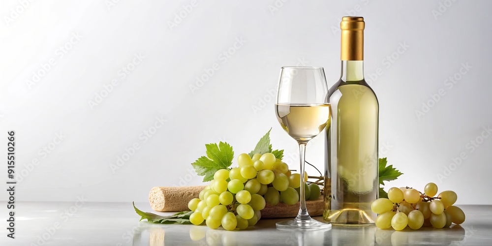 Fototapeta premium Elegant still life of unopened white wine bottle with blank label, surrounded by wineglass, grapes, corkscrew, and cork on crisp white background, conveying luxury and sophistication.