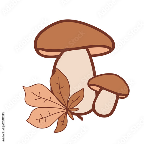 Colorful mushrooms and autumn leaves on a white background