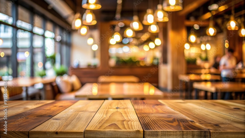Empty wooden table with abstract blurred background in a restaurant setting , restaurant, coffee shop, display, product Empty wooden table with abstract blurred background in a restaurant setting , restaurant, coffee shop, display, product