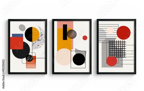 Abstract Bauhaus style poster set with three vertical frames, each featuring bold geometric shapes and vibrant colors on white background. Free Download Abstract Bauhaus style poster set with three vertical frames, each featuring bold geometric shapes and vibrant colors on white background. - GFXLoad