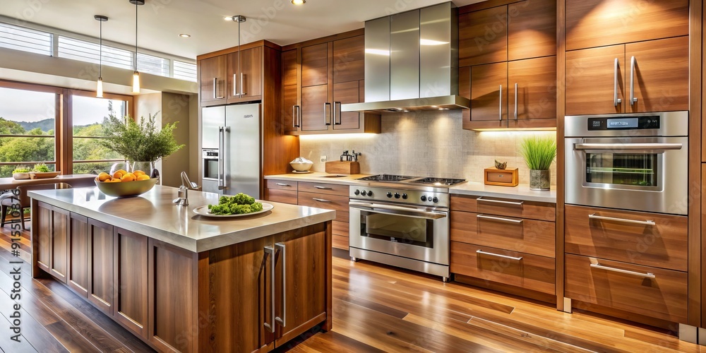 Elegant wooden cabinetry featuring a built-in oven complements sleek countertops and stainless steel appliances in this modern, well-lit kitchen with ample storage space.