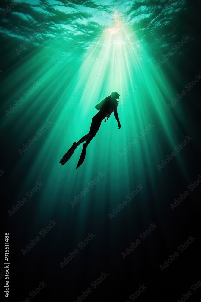 Diver exploring the deep blue in a sunlit underwater world at midday Diver exploring the deep blue in a sunlit underwater world at midday