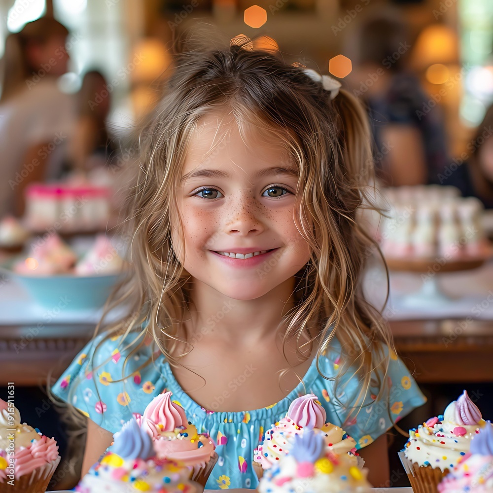 A cheerful girl with wavy hair and freckles is smiling brightly at a table filled with colorful cupcakes ideal for use in advertising, celebrations, party planning, or bakery promotions, A cheerful girl with wavy hair and freckles is smiling brightly at a table filled with colorful cupcakes ideal for use in advertising, celebrations, party planning, or bakery promotions,