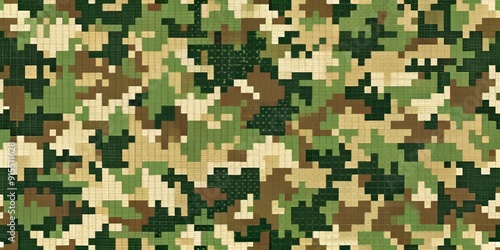 High-tech digital camouflage fabric design with pixelated squares in shades of green and brown, ideal for modern military uniforms and army gear.