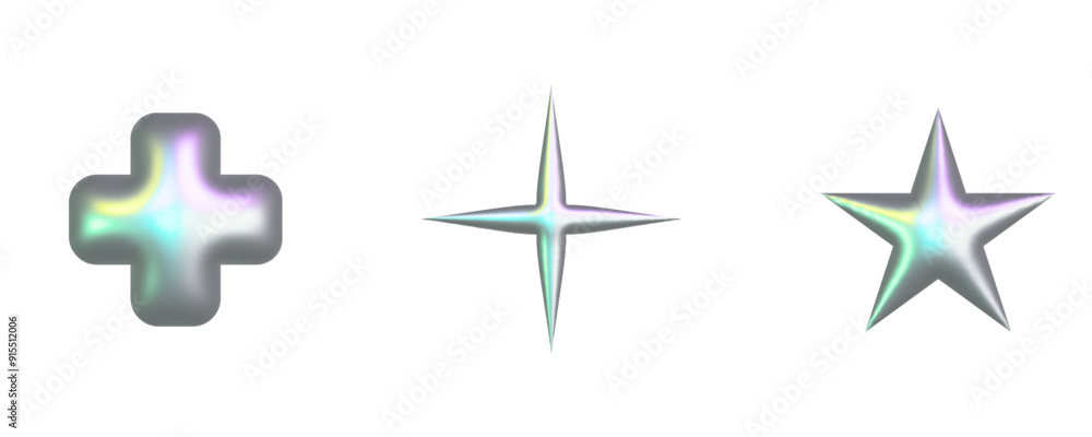 Abstract 3d metal holographic y2k elements set - stars, flowers and other simple geometric shapes with glossy chrome effect. Trendy y2k vector illustration Abstract 3d metal holographic y2k elements set - stars, flowers and other simple geometric shapes with glossy chrome effect. Trendy y2k vector illustration