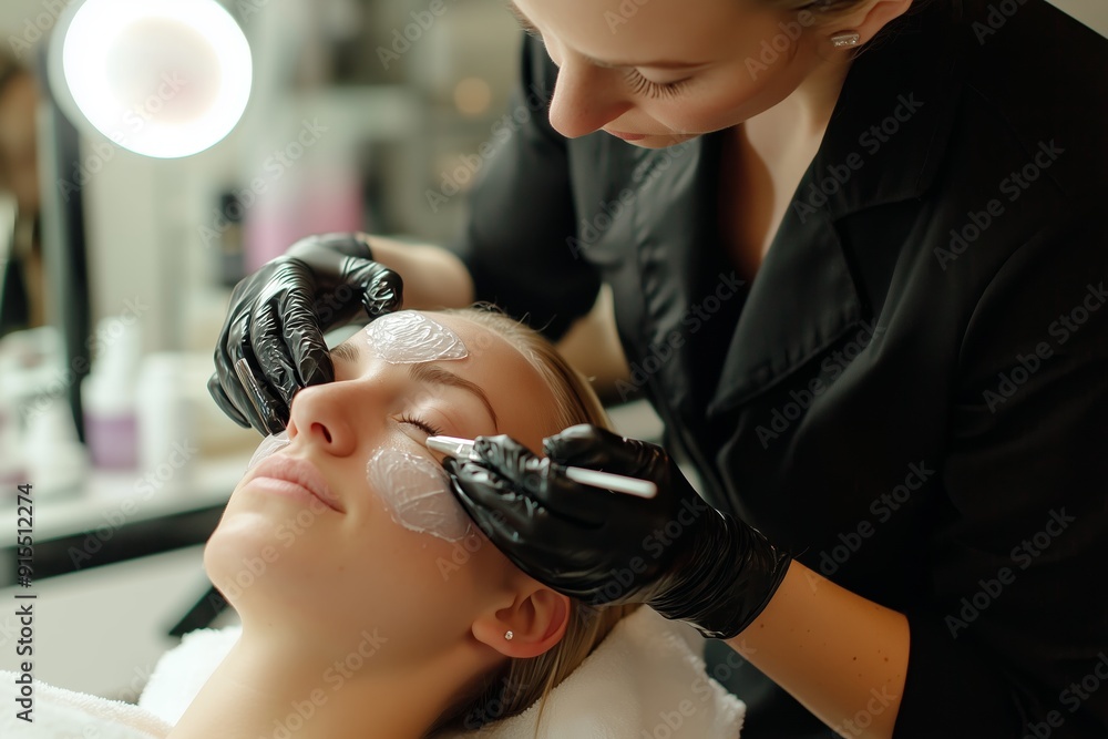 A skincare professional applies a facial mask to a client in a beauty salon during a relaxing afternoon session A skincare professional applies a facial mask to a client in a beauty salon during a relaxing afternoon session