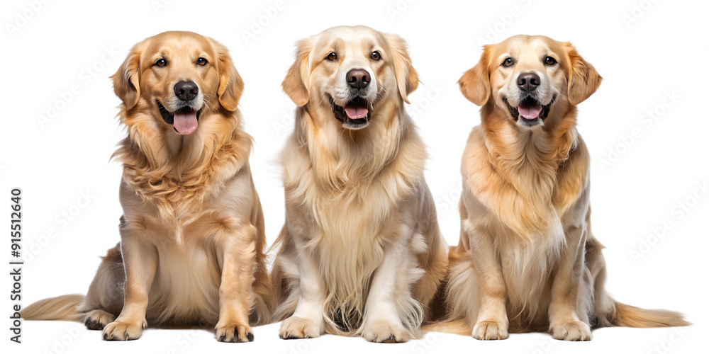 Collection of three dogs, happy golden retrievers set portrait, sitting and standing isolated on transparent background as transparent PNG