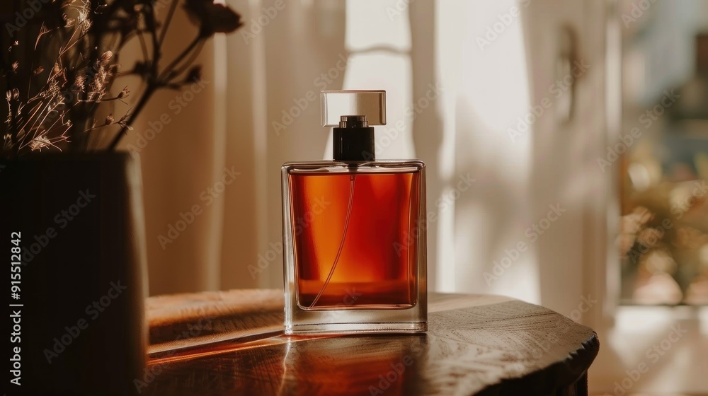 A bottle of perfume on a wooden table. A bottle of perfume on a wooden table.