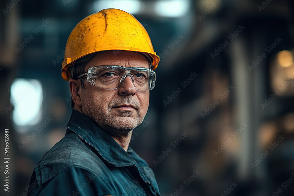 Middle-aged man in a steel plant, wearing a yellow helmet and safety glasses, directly engaging with the camera while a blurred industrial scene is in the background, expertly photographed with Sony A Middle-aged man in a steel plant, wearing a yellow helmet and safety glasses, directly engaging with the camera while a blurred industrial scene is in the background, expertly photographed with Sony A