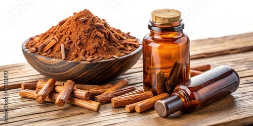 Cluster of yohimbe bark and bottle of yohimbe extract supplements for natural health and wellness, yohimbe, extract, supplements photo