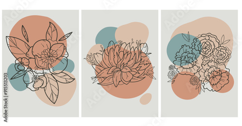 Set of flower greenery leaves line art isolated. Spring floral garden roses black logo wreath sketch plant. Vector illustration botanical stem, green leaves, floral bloom