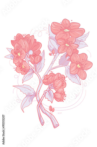 Delicate vector art print with pink flowers. Spring floral garden roses black logo wreath sketch plant. Vector illustration botanical stem, green leaves, floral bloom