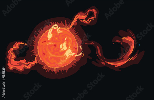 Magnetic storm on the surface of the sun with plasma and prominences. Bright Sun against dark starry sky in Solar System.