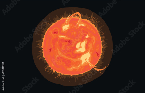 Magnetic storm on the surface of the sun with plasma and prominences. Bright Sun against dark starry sky in Solar System.