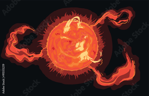Magnetic storm on the surface of the sun with plasma and prominences. Bright Sun against dark starry sky in Solar System.