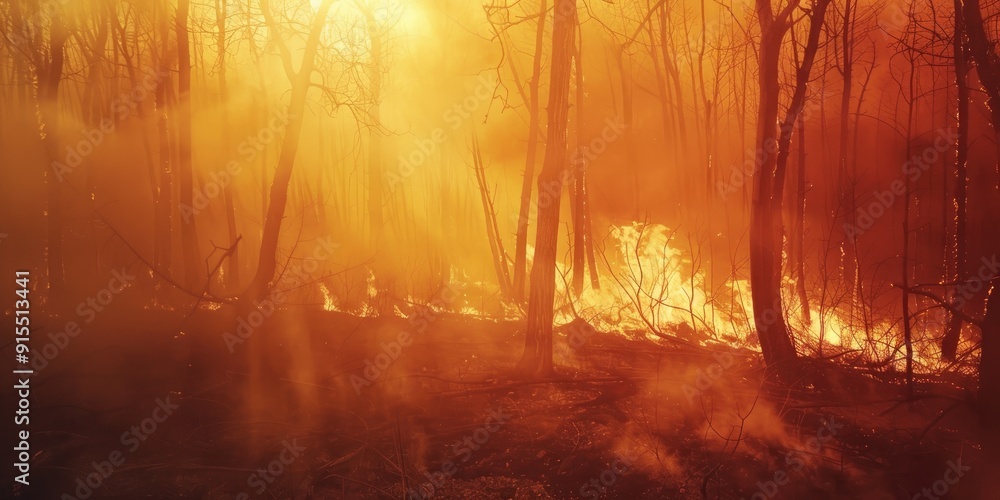 Fototapeta premium Burned trees in a Deciduous Forest fire caused by a wildfire leading to pollution and smoke