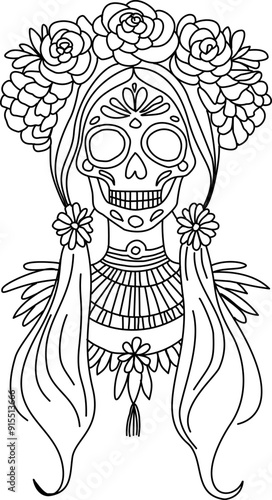 Day of the Dead beautiful sugar skull woman icon in outline style. Dia de los muertos. Young lady with flowers in hair and makeup in Halloween style
