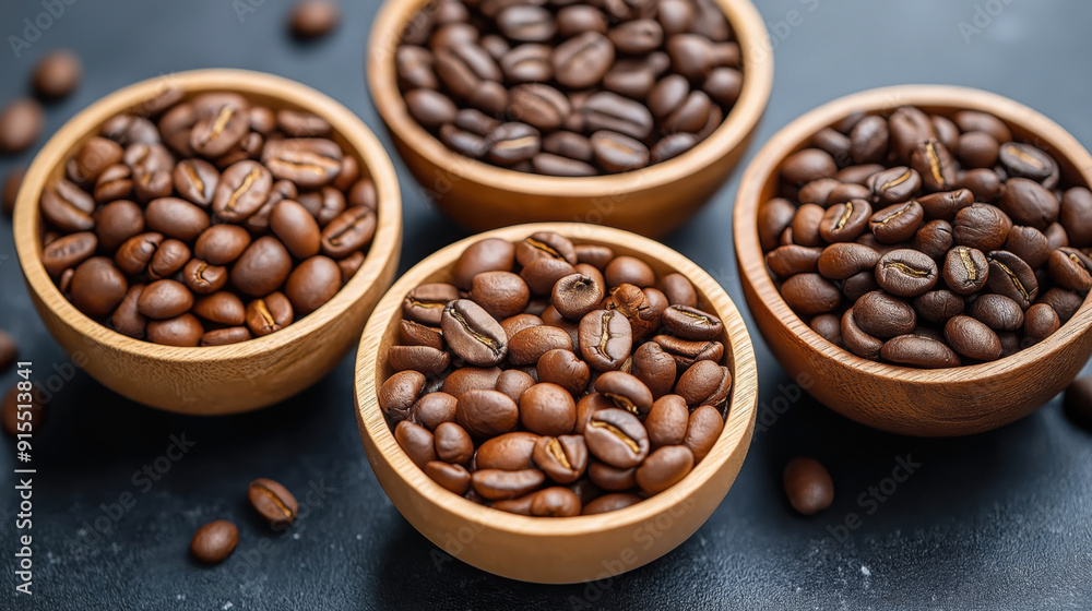 Fototapeta premium Wooden bowls filled with roasted coffee beans on a dark background.