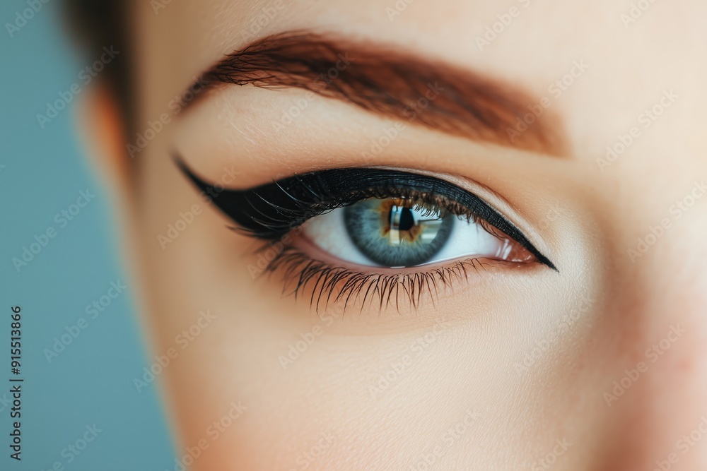 Close-up of a model's striking blue eye showcasing bold eyeliner on a soft background Close-up of a model's striking blue eye showcasing bold eyeliner on a soft background
